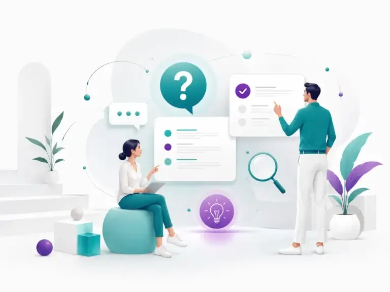 Illustratie van twee professionals die vragen, antwoorden en aanvullende informatie binnen de Suanfra Faq verkennen.