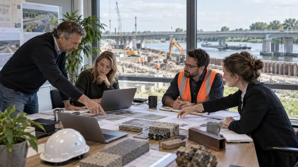 Duurzame infrastructuur CSRD besproken door een projectteam met duurzaamheids- en projectdata