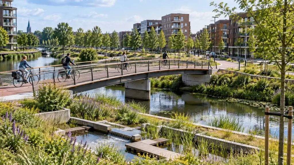 Duurzame infrastructuur voorbeelden met een fietsbrug en klimaatadaptieve openbare ruimte in Nederland