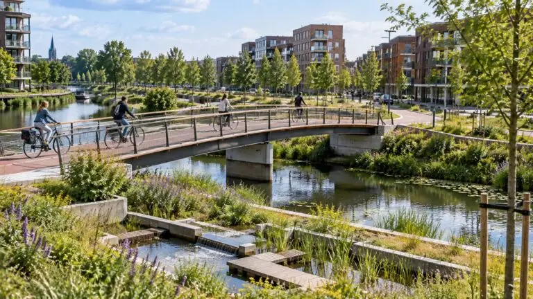 Duurzame infrastructuur voorbeelden met een fietsbrug en klimaatadaptieve openbare ruimte in Nederland