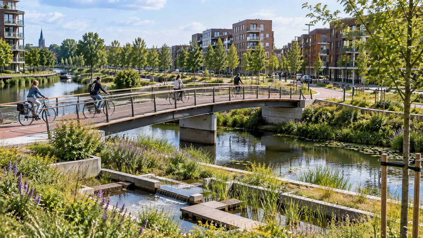 Duurzame infrastructuur voorbeelden met een fietsbrug en klimaatadaptieve openbare ruimte in Nederland