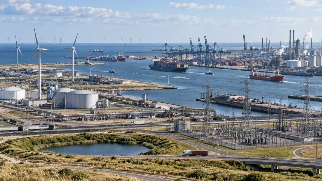 Duurzame infrastructuur voorbeelden op de Maasvlakte met windenergie, haven en elektriciteitsnet